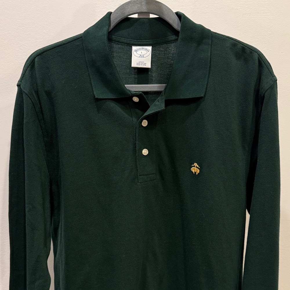 Brooks Brothers Dark Green Polo Shirt Size L Cotton Long Sleeve Logo Luxury